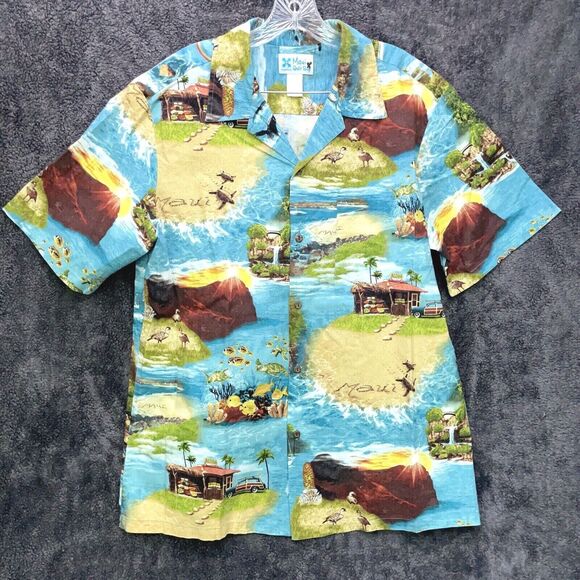 Maui Quilt Shop 100% Cotton Turtles Ducks Aloha Tropical Button Shirt Sz Large L - Picture 1 of 8